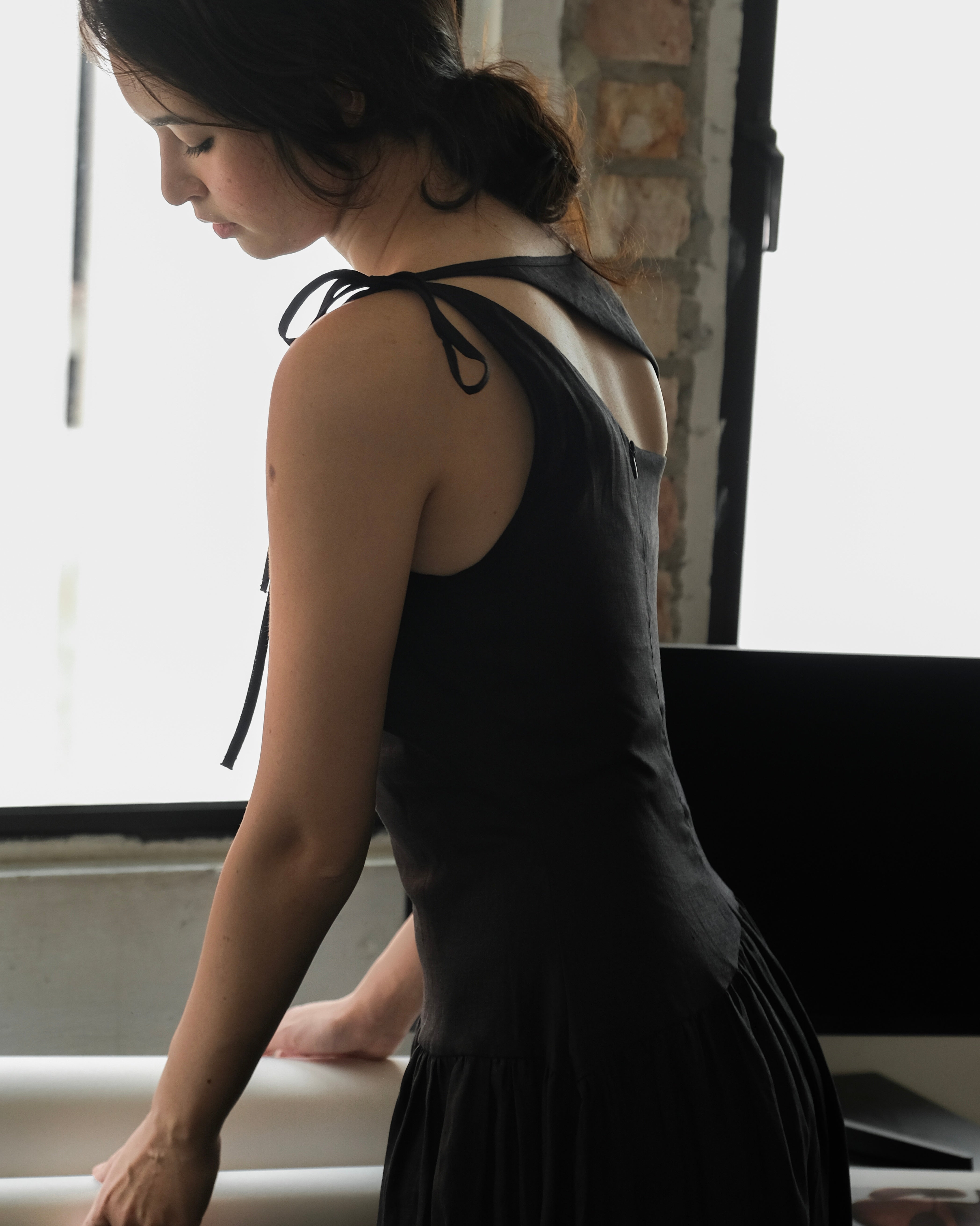 ASYMMETRICAL DROPWAIST DRESS in black