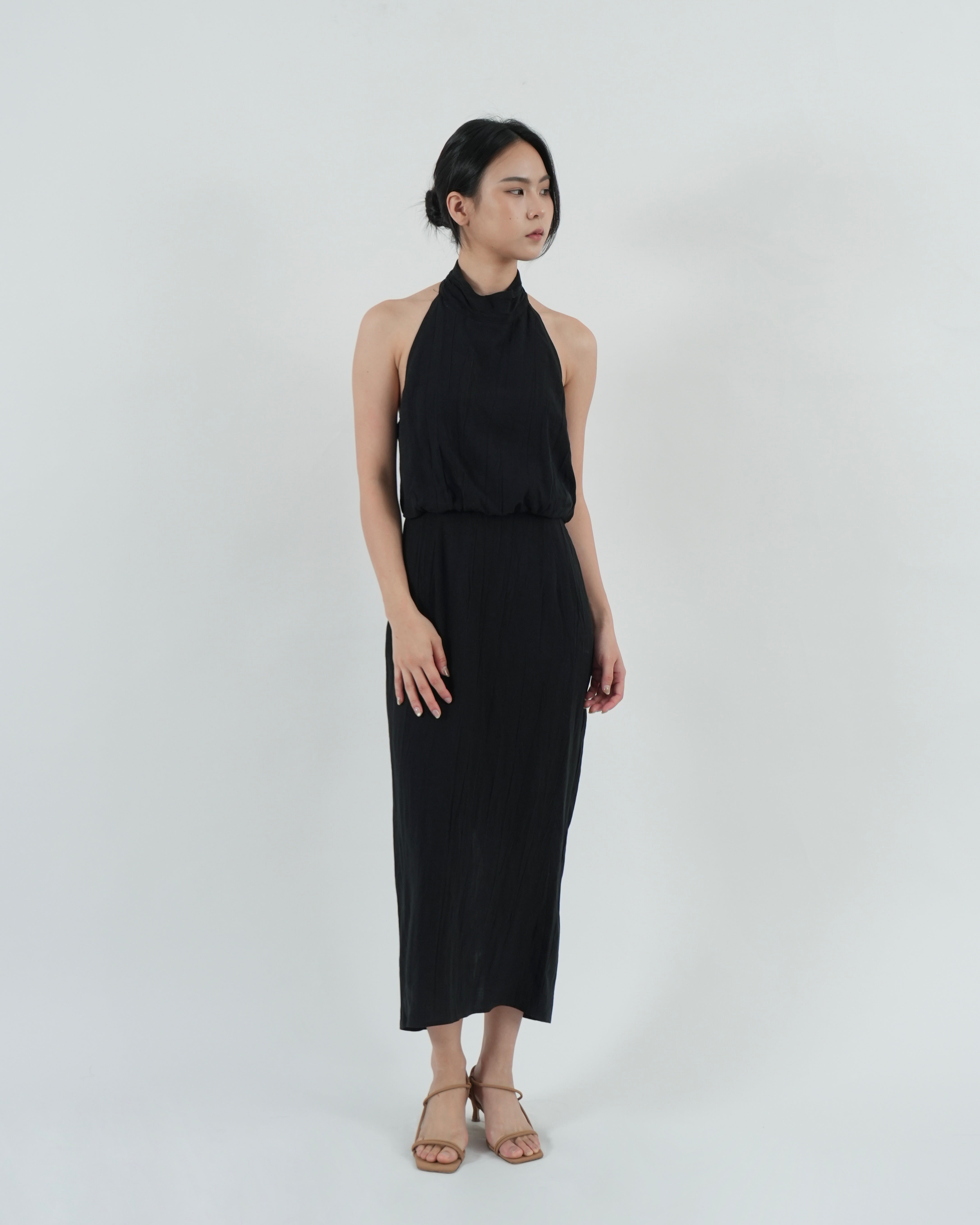 black high neck open back dress Oh Polly high neck open back draped thigh slit maxi dress in black
