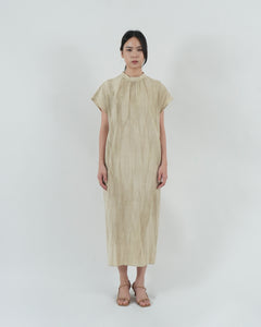 HIGH NECK GATHERED DRESS in oat