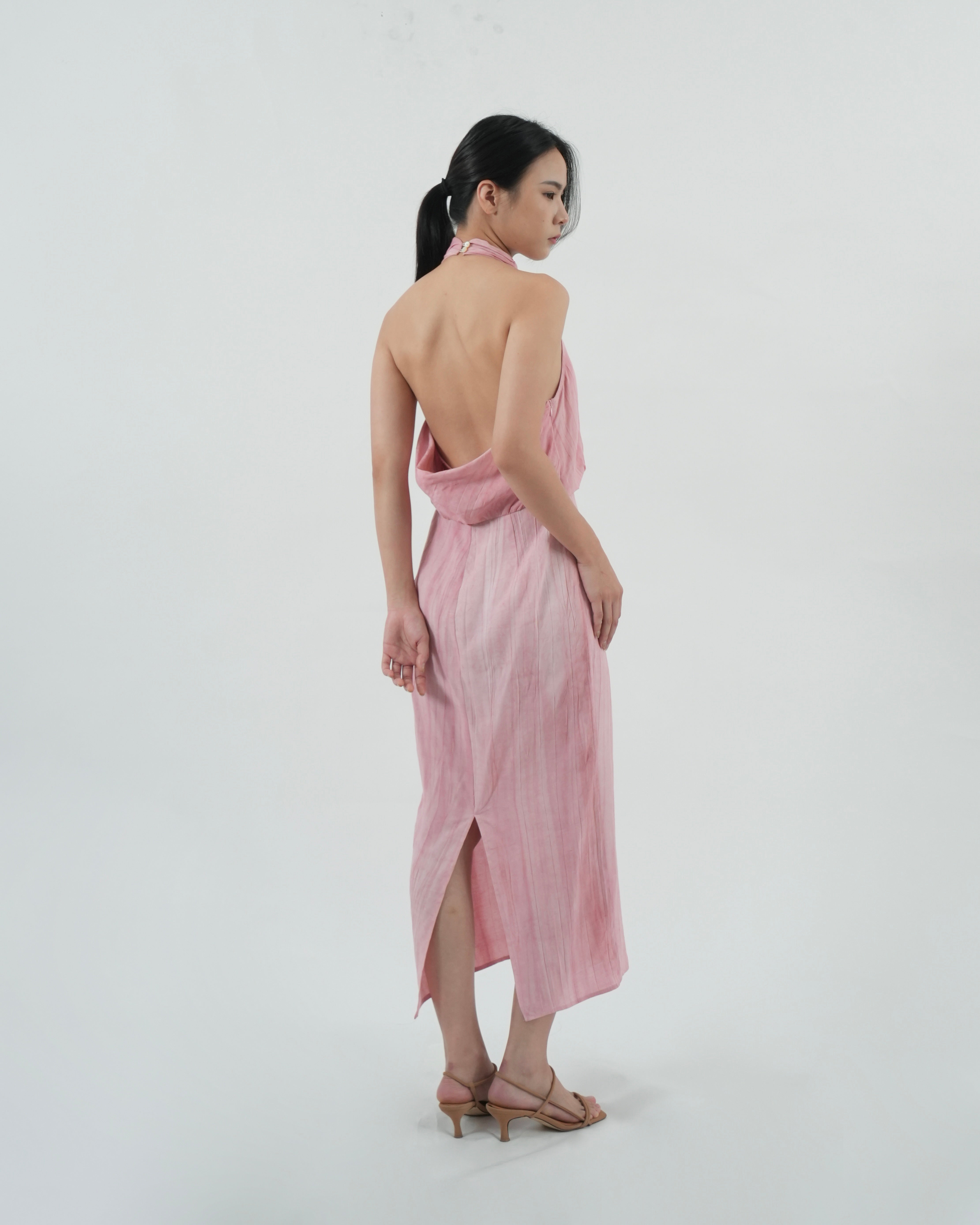 HIGH NECK OPEN BACK DRESS in pink