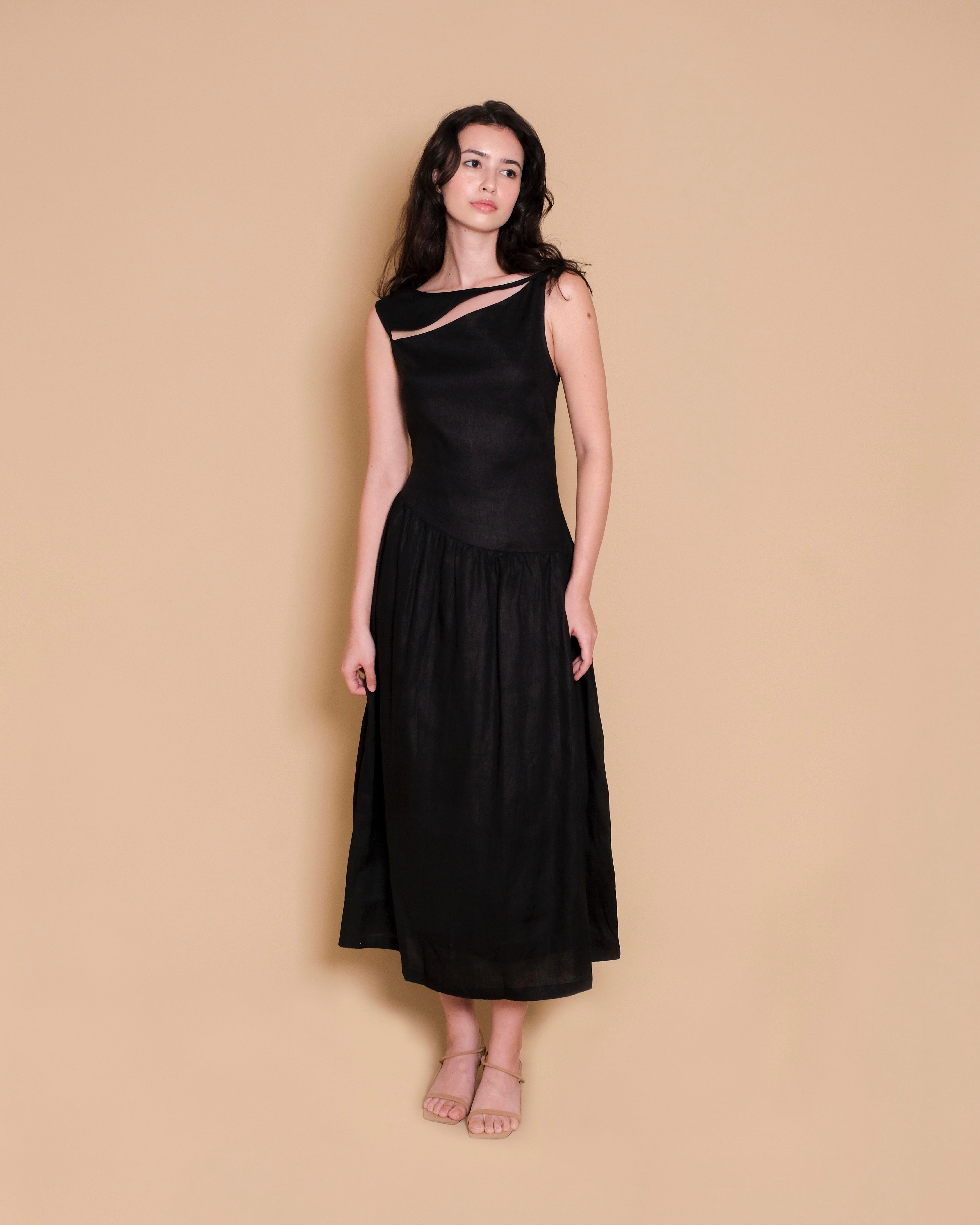 ASYMMETRICAL DROPWAIST DRESS in black