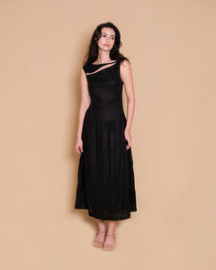 ASYMMETRICAL DROPWAIST DRESS in black