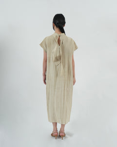 HIGH NECK GATHERED DRESS in oat