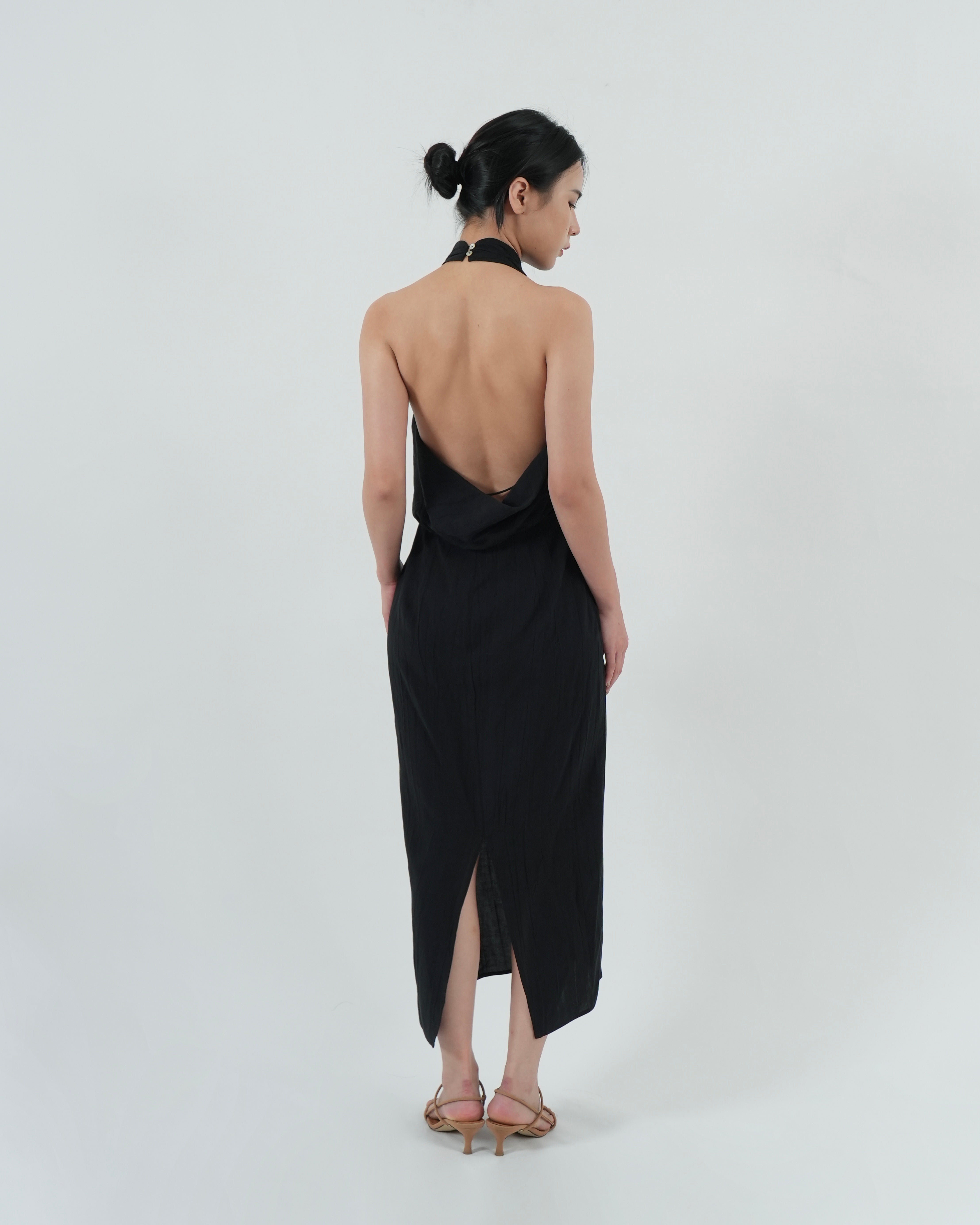 HIGH NECK OPEN BACK DRESS in black