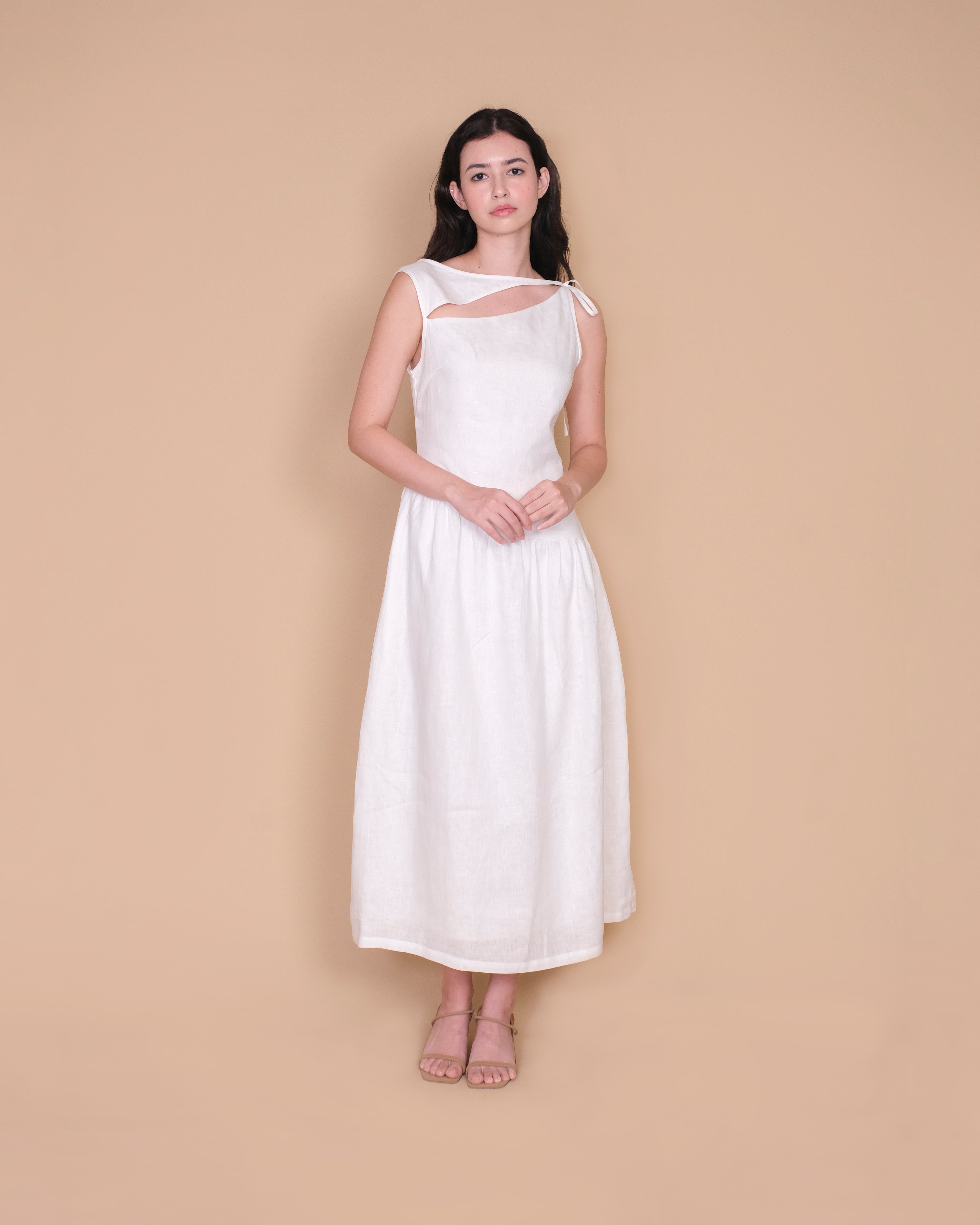 ASYMMETRICAL DROPWAIST DRESS in white