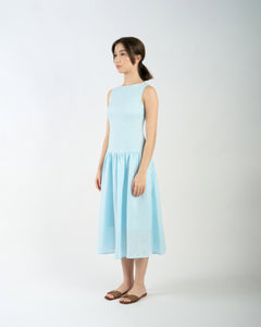 BOAT NECK GATHERED DRESS in baby blue
