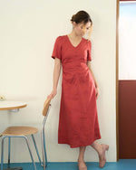 Load image into Gallery viewer, RUCHED WAIST TEA DRESS in brick
