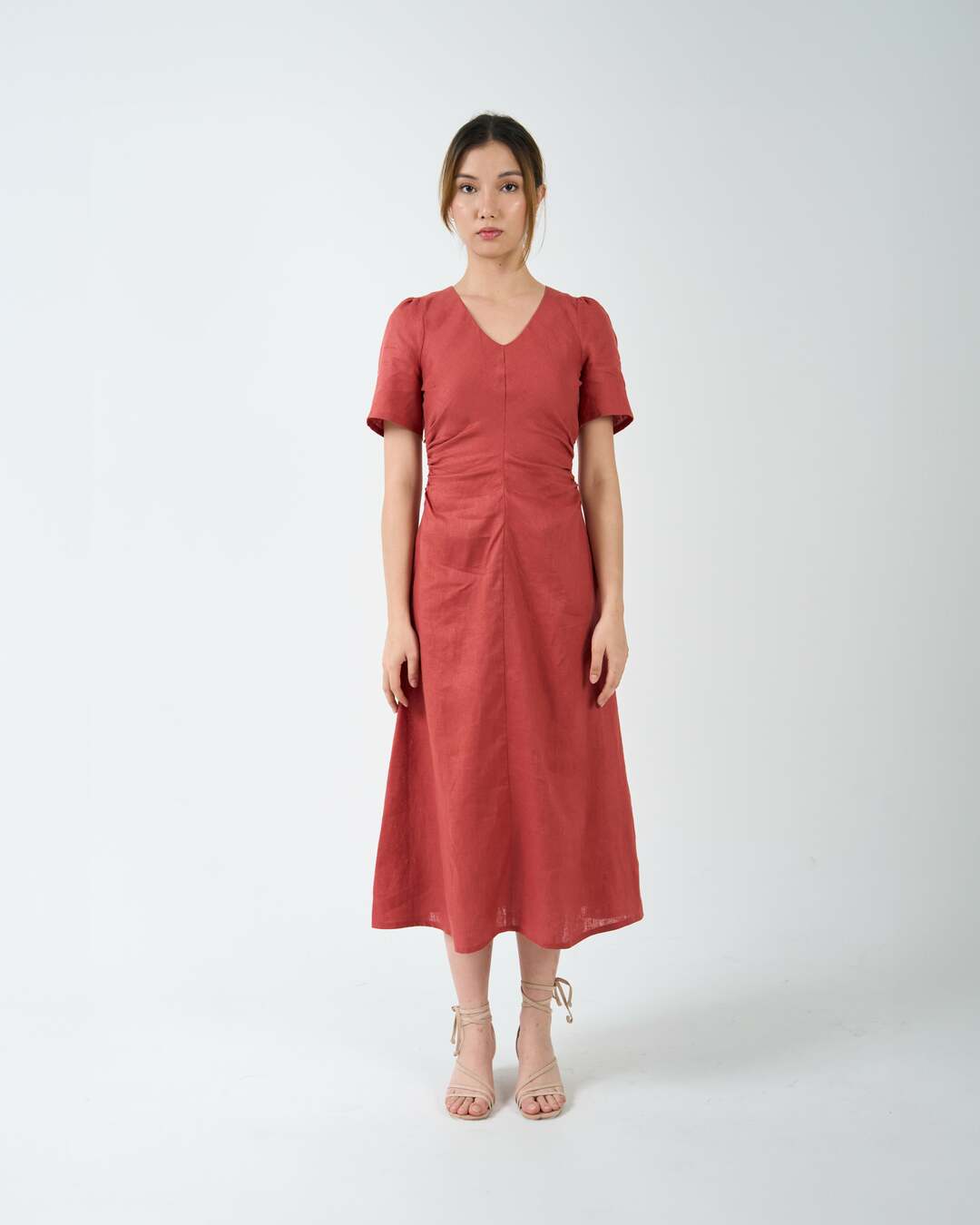 RUCHED WAIST TEA DRESS in brick