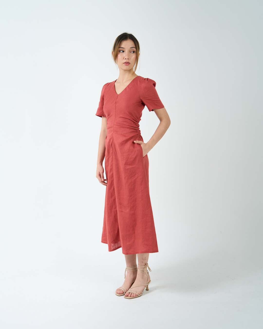 RUCHED WAIST TEA DRESS in brick