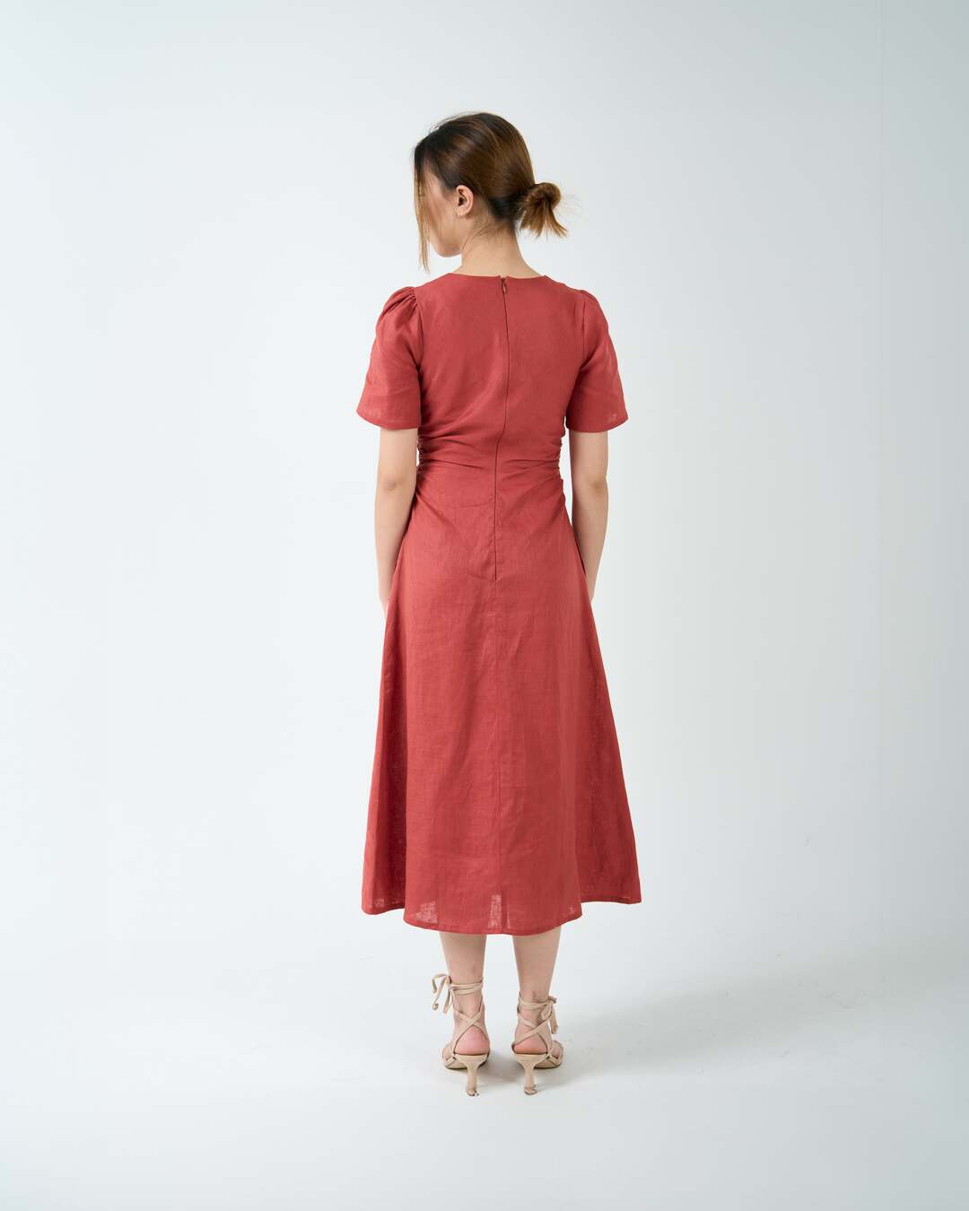 RUCHED WAIST TEA DRESS in brick