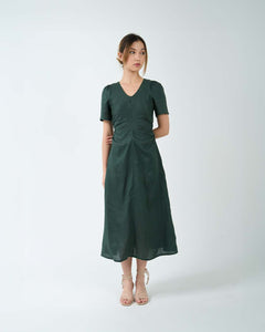 RUCHED WAIST TEA DRESS in emerald
