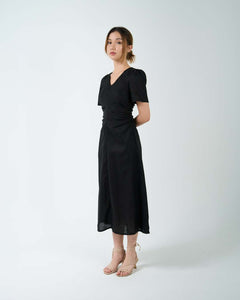 RUCHED WAIST TEA DRESS in black