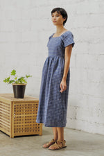 Load image into Gallery viewer, GATHERED MIDI DRESS in blue check

