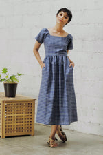 Load image into Gallery viewer, GATHERED MIDI DRESS in blue check
