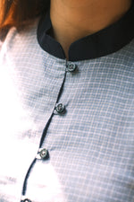 Load image into Gallery viewer, MANDARIN COLLAR BUTTON TOP in blue plaid
