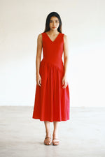 Load image into Gallery viewer, ASYMMETRICAL GATHERED DRESS in red
