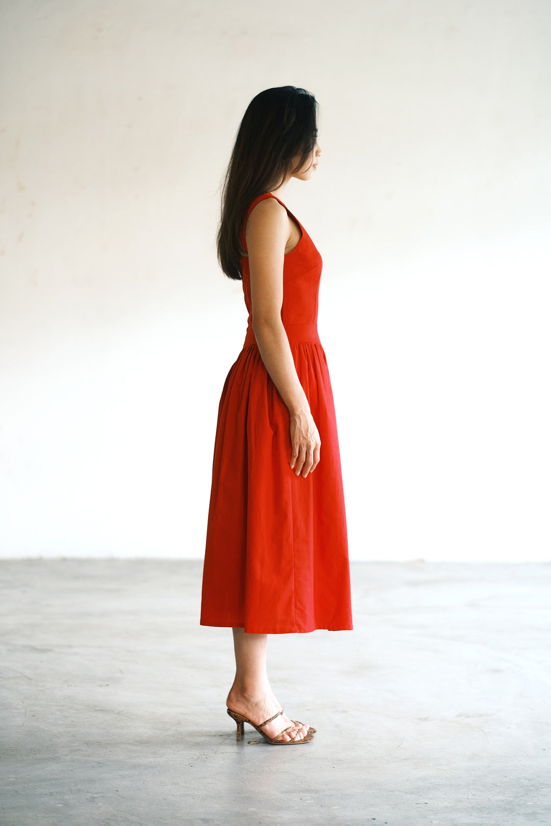 ASYMMETRICAL GATHERED DRESS in red