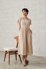 Load image into Gallery viewer, GATHERED MIDI DRESS in textured cream

