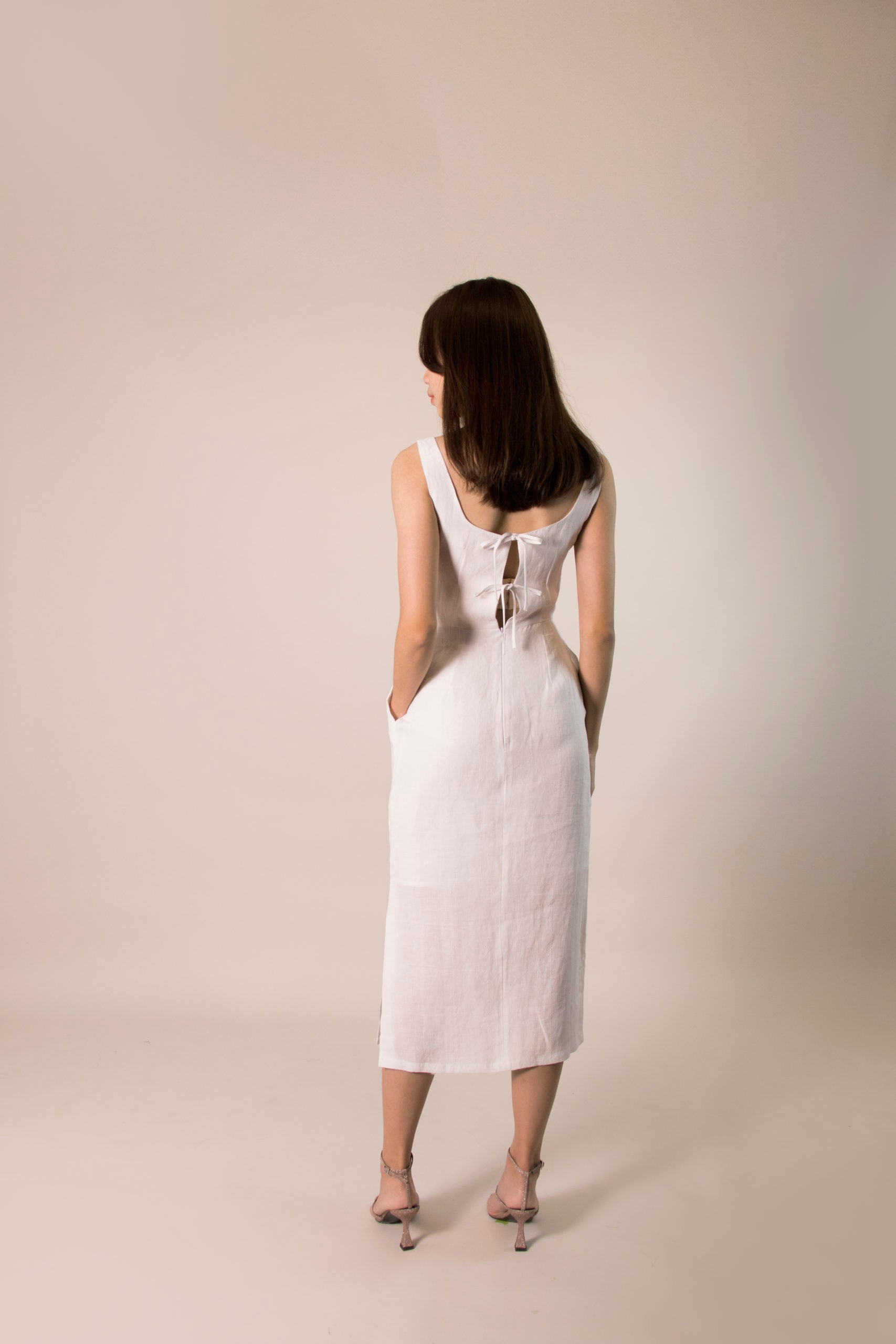 RIBBON BACK DRESS in textured white