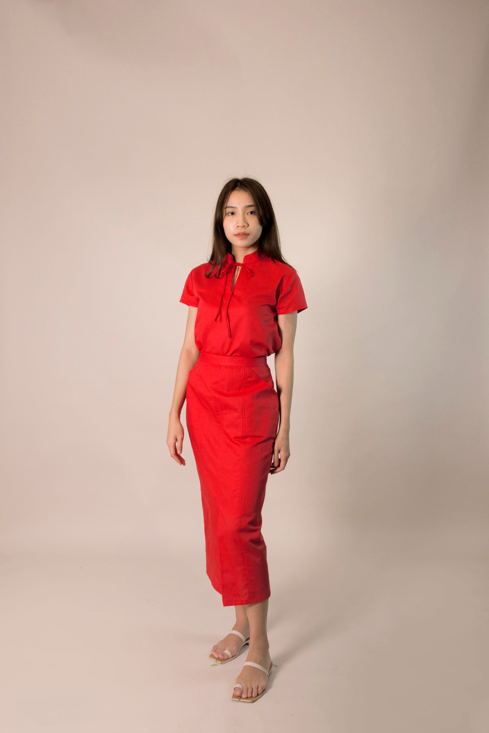 ORIENTAL CAP SLEEVE TOP in red