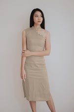 Load image into Gallery viewer, ASYMMETRICAL SHOULDER CHEONGSAM in greige
