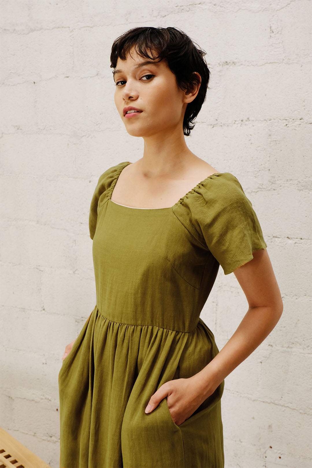 GATHERED MIDI DRESS in textured olive