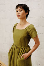 Load image into Gallery viewer, GATHERED MIDI DRESS in textured olive

