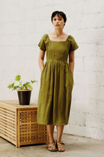 Load image into Gallery viewer, GATHERED MIDI DRESS in textured olive
